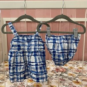 Gap Blue & White Watercolor Windowpane Top & Bloomer Set Size 18mo